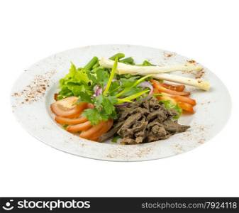 Salad with fresh vegetables, meat and rice bread on an isolated background