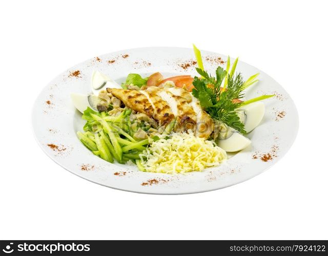 Salad with fresh vegetables with chicken on the grill on an isolated background. Salad with fresh vegetables and chicken grilled