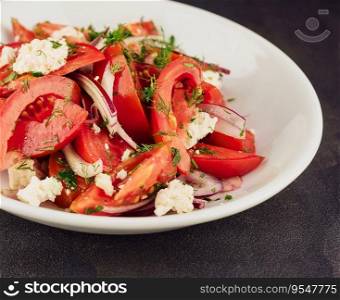 Salad with Goat Cheese, dill, Tomato and Red Onion Rings