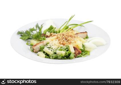 Salad with grilled chicken and vegetables n an isolated background. Salad with grilled chicken and vegetables