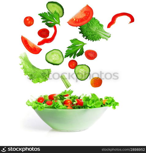 salad with lettuce and other fresh vegetable on white dish.