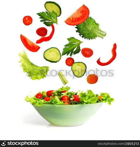 salad with lettuce and other fresh vegetable on white dish.