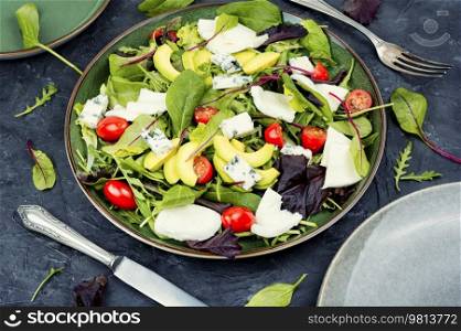 Salad with lettuce, greens, avocado, tomatoes and mix cheeses. Healthy eating. Vegetable salad with greens and mozzarella