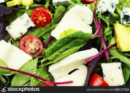 Salad with lettuce, greens, avocado, tomatoes and mix cheeses. Healthy food. Fresh vegetable salad with cheese, food background