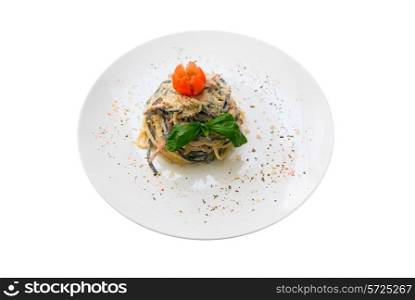 Salad with macaroni at plate. Isolation on white.