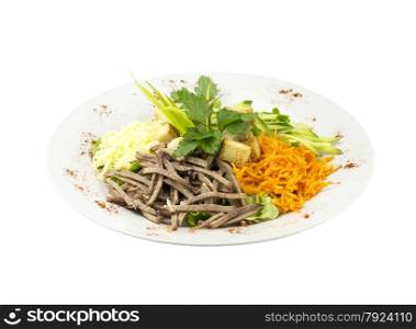 Salad with meat, carrots and croutons on an isolated background