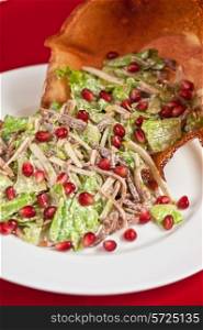 salad with meat sauce and pomegranate