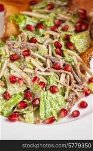 salad with meat sauce and pomegranate. meat and pomegranate salad