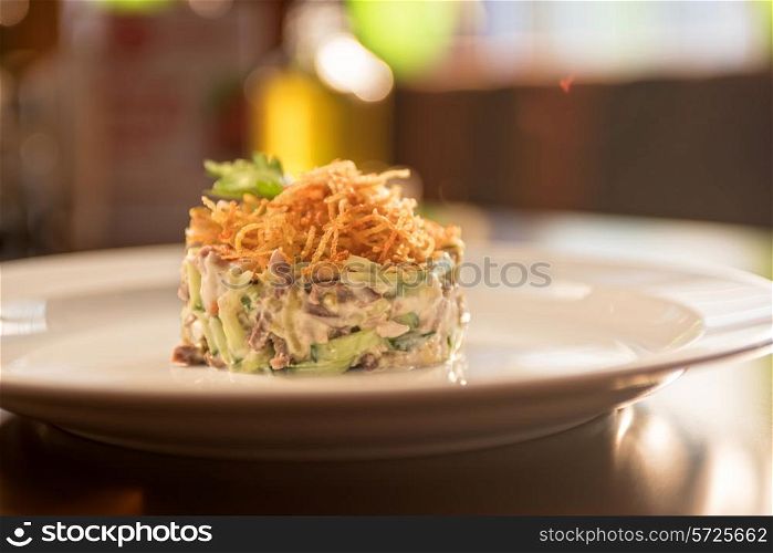 Salad with meat vegetable and mayonnaise