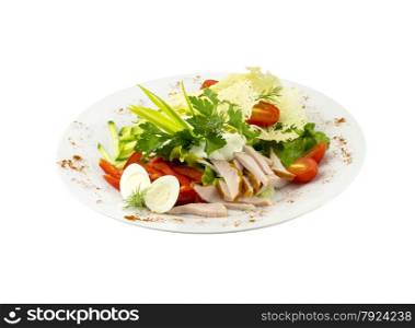 Salad with meat, vegetables and quail eggs on an isolated background