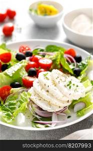 Salad with mozarella cheese, cherry tomato, olives and romain lettuce