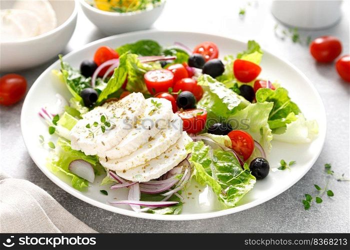 Salad with mozarella cheese, cherry tomato, olives and romain lettuce