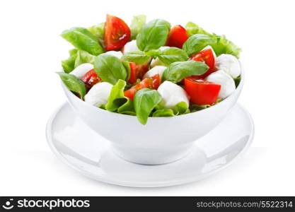salad with mozzarella, basil and tomatoes on white background