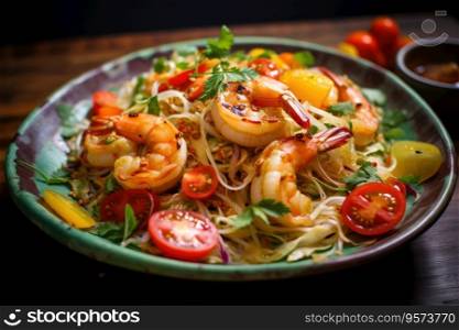 Salad with noodles and shrimp, Asian cuisine. Noodle and shrimp salad