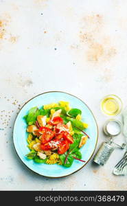 salad with pasta chicken mangold and tomato