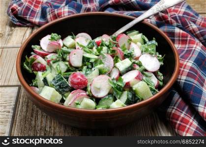 Salad with pieces of radish and cucumber, herbs and green onions, dressed yogurt. Horizontal shot.Foreground.