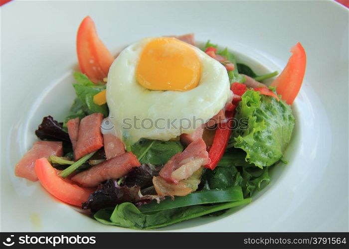 Salad with poached egg, paprika and bacon