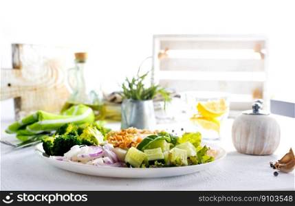 Salad with Prawns and Eggs with vegetables on plate