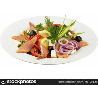 Salad with salmon, cheese and olives on an isolated background