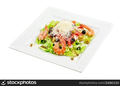 Salad with shrimps, eggs, caviar, calamaries, lettuce, olive, tomato and mozzarella on a white