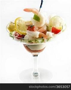 Salad With Shrimps In A Glass Dish
