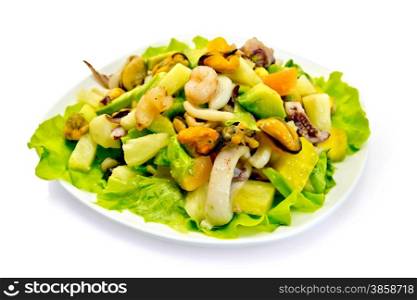 Salad with shrimps, octopus, mussels and calamari with avocado, lettuce, pineapple in a bowl isolated on white background