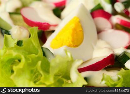 salad with slice of egg close up on green lettuce
