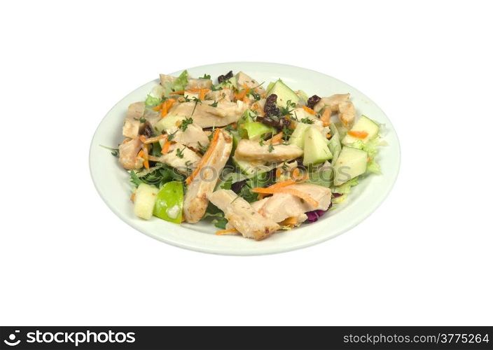 Salad with smoked chicken strips and apple on a white background.