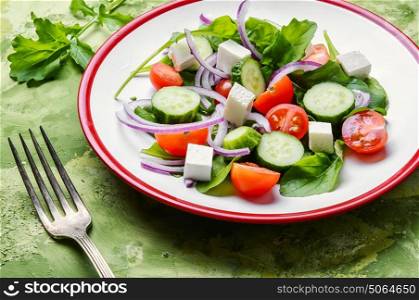 salad with spinach, cheese and tomato. spring vegetable salad with cucumber,cheese and tomato