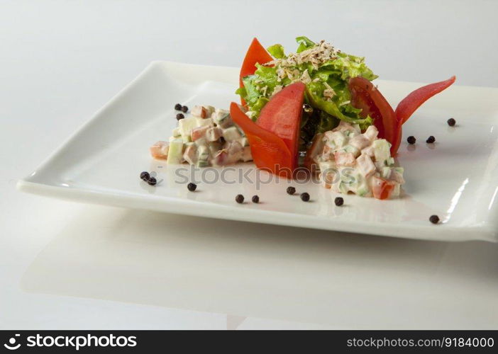 salad with tomato and mayonnaise in a plate on a white background. salad in a white plate