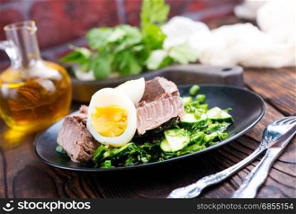 salad with tuna on the black plate