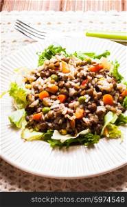 Salad with vegetables, rice and lentils on a plate