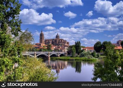 Salamanca Cathedral seen from the river Tormes.