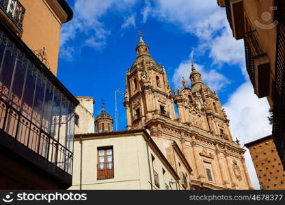 Salamanca Clerecia church and Casa Conchas shell house in Spain