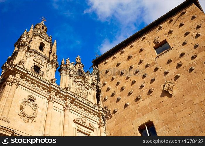 Salamanca Clerecia church and Casa Conchas shell house in Spain