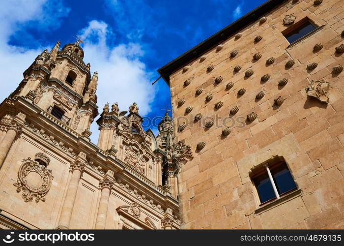 Salamanca Clerecia church and Casa Conchas shell house in Spain