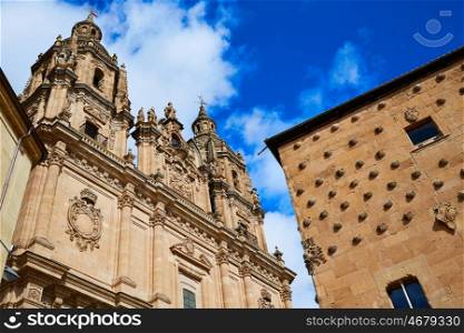 Salamanca Clerecia church and Casa Conchas shell house in Spain