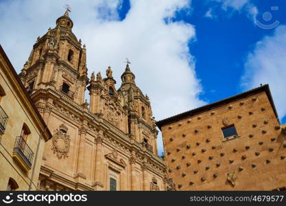 Salamanca Clerecia church and Casa Conchas shell house in Spain