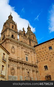 Salamanca Clerecia church and Casa Conchas shell house in Spain