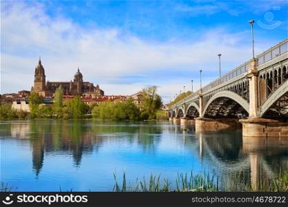 Salamanca skyline in Enrique Estevan bridge over Tormes river in Spain