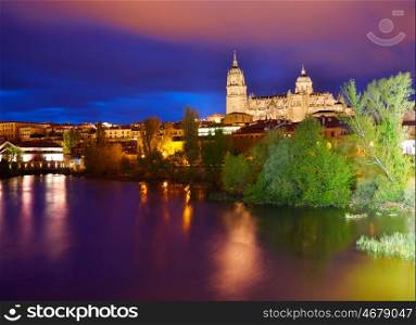Salamanca skyline sunset with Tormes river in Spain