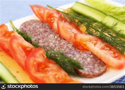 Salami, cheese and fresh vegetables on plate.