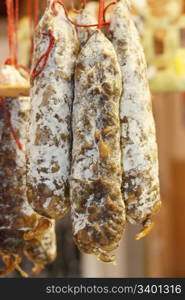 salami. Photo of some salami on sale in a market place