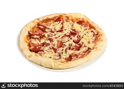 Salami pizza isolated on a white background