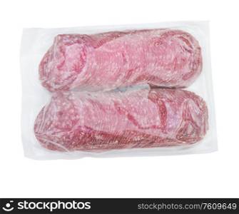 salami sausage slices in vacuum plastic packaging isolated on white background