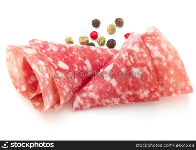 Salami sausage slices isolated on white background cutout