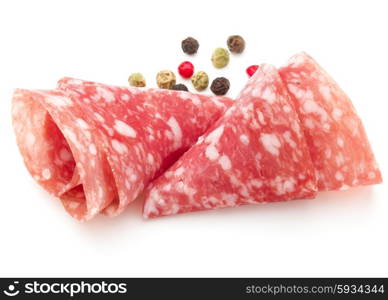 Salami sausage slices isolated on white background cutout