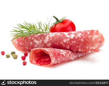 Salami sausage slices isolated on white background cutout