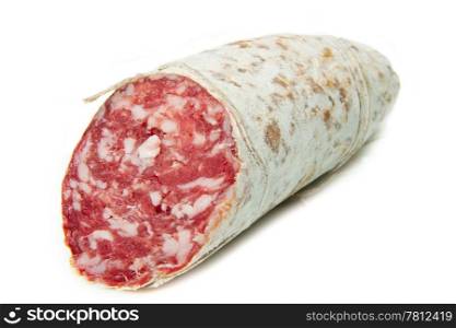 Salami sliced on the white