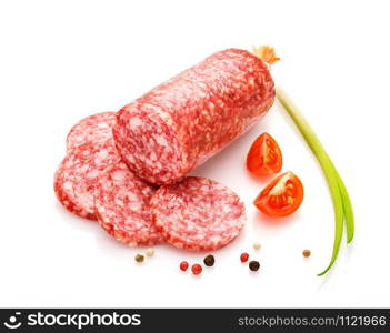 Salami smoked sausage, herb and peppercorns isolated on white background cutout